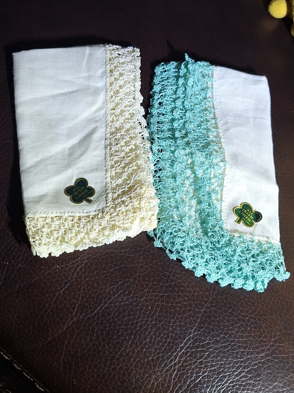 Vintage Irish Linen Crochet  Trim Handkerchiefs - Cream & Mint Edge
